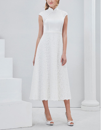 2018 Style Mandarin Collar Tea Length Lace Skirt Wedding Dresses - US ...