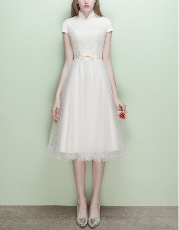 Inexpensive Mandarin Collar Cap Sleeves Short Reception Wedding Dress