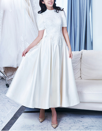 Vintage A-Line Ankle Length Satin Wedding Dresses with Short Sleeves