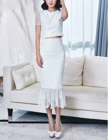 Sheath Tea Length Lace Two-Piece Wedding Dress with Short Sleeves