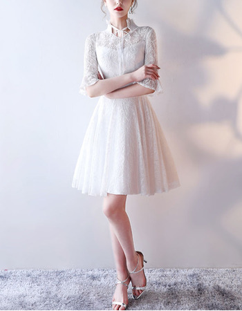 Casual Short Lace Reception Wedding Dresses with Half Bell Sleeves