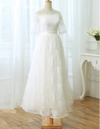 Off-the-shoulder Tea Length Lace Wedding Dresses with Short Sleeves