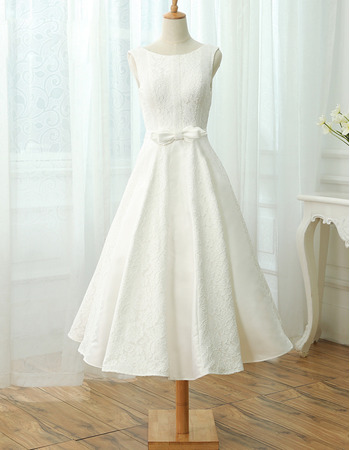 Custom A-Line Sleeveless Tea Length Lace Reception Wedding Dresses