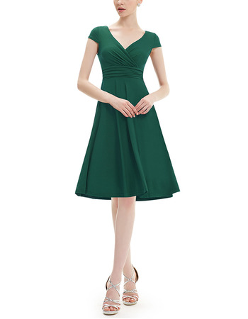 Vintage V-Neck Knee Length Chiffon Bridesmaid Dress with Short Sleeves