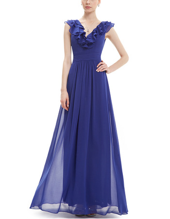 Vintage V-Neck Floor Length Chiffon Ruffle Bridesmaid Dresses