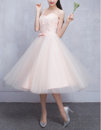 Affordable One Shoulder Knee Length Satin Tulle Bridesmaid Dresses