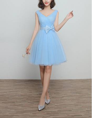 Discount V-Neck Knee Length Satin Tulle Lace-Up Bridesmaid Dresses