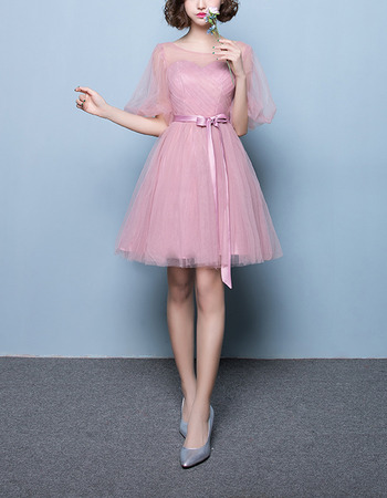 Elegant Short Satin Tulle Bridesmaid Dresses with Short Sleeves