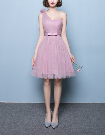 Elegant A-Line One Shoulder Short Satin Tulle Bridesmaid Dresses