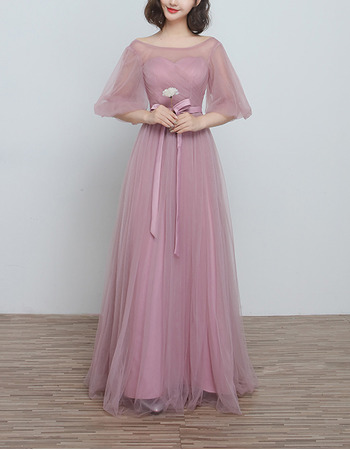 Custom Floor Length Satin Tulle Bridesmaid Dresses with Short Sleeves