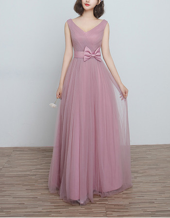 New V-Neck Floor Length Satin Tulle Bridesmaid Dresses