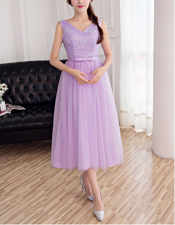 Affordable V-Neck Sleeveless Tea Length Lace Tulle Bridesmaid Dresses