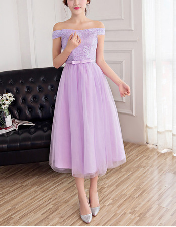 Elegant Off-the-shoulder Tea Length Lace Tulle Bridesmaid Dresses