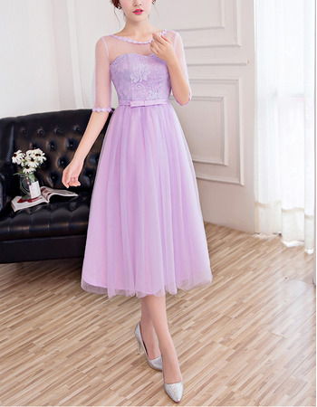 New Tea Length Lace Tulle Bridesmaid Dresses with Half Sleeves