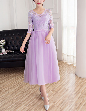 Custom V-Neck Tea Length Bridesmaid Dresses with Half Lace Sleeves