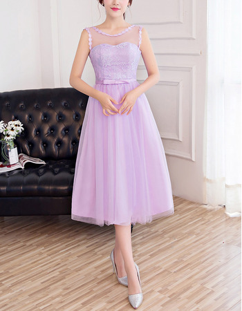 Discount Sleeveless Tea Length Tulle Satin Bridesmaid Dresses