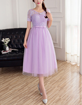 Elegant Tea Length Lace Bridesmaid Dresses with Short Sleeves