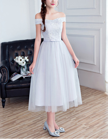 Affordable A-Line Off-the-shoulder Tea Length Bridesmaid Dresses