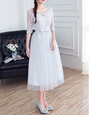 Elegant V-Neck Tea Length Bridesmaid Dresses with Half Sleeves
