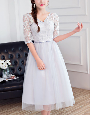 Custom V-Neck Tea Length Bridesmaid Dresses with Half Lace Sleeves