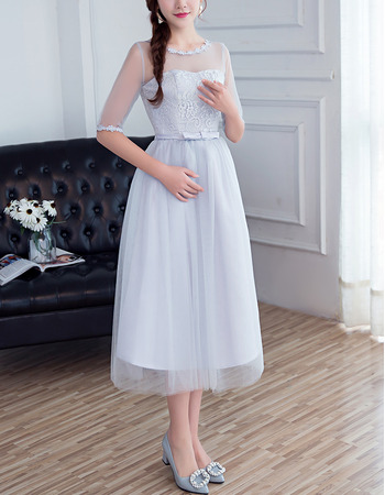 Discount Tea Length Satin Tulle Bridesmaid Dresses with Half Sleeves