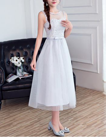 Elegant Sleeveless Tea Length Satin Tulle Bridesmaid Dresses