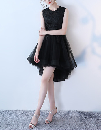 Inexpensive Sleeveless High-Low Tulle Black Cocktail Party Dresses