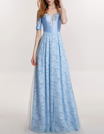 Elegant Floor Length Lace Satin Evening Dresses with Short Sleeves