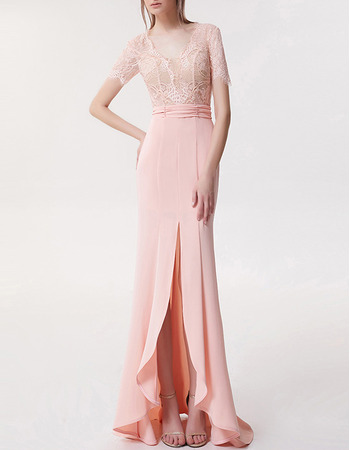 New High-Low Chiffon Lace Evening Dresses with Short Sleeves