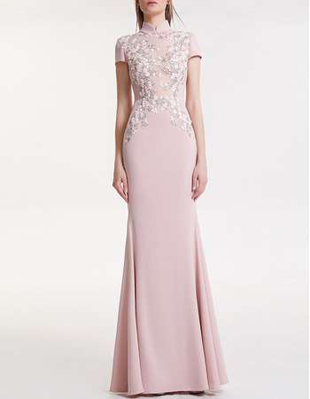 Custom Mandarin Collar Long Satin Evening Dresses with Short Sleeves