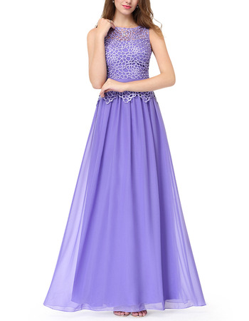 Elegant A-Line Floor Length Chiffon Evening Dresses with Lace Top