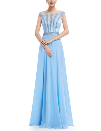 Discount Bateau Floor Length Chiffon Lace Evening/ Prom Dresses