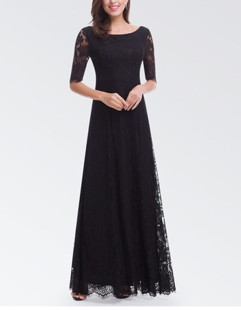 Elegant Floor Length Lace Black Evening Dresses with Half Sleeves