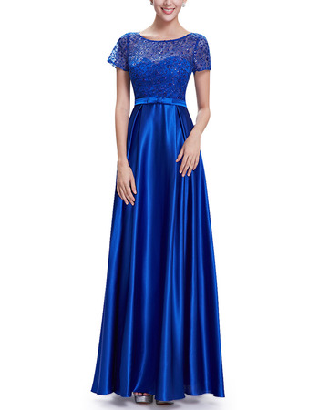 New Long Satin Applique Evening Dresses with Short Sleeves