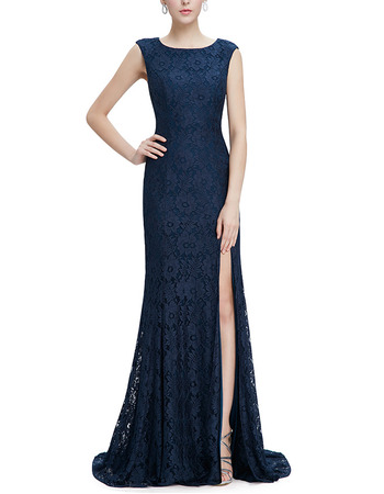 Custom Sheath Sleeveless Sweep Train Lace Slit Evening/ Prom Dresses