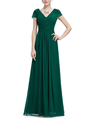 Inexpensive V-Neck Long Chiffon Evening Dresses with Short Sleeves