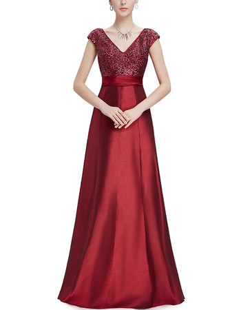 Formal V-Neck Floor Length Sequin Evening Dresses with Cap Sleeves