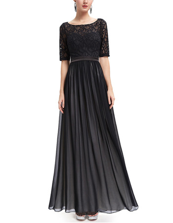 Custom Long Chiffon Lace Black Evening Dresses with Half Sleeves