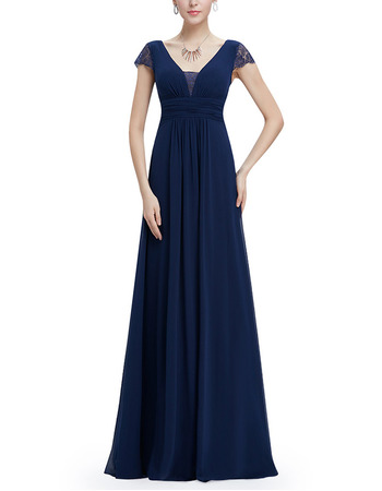 Affordable V-Neck Long Chiffon Evening Dresses with Cap Sleeves