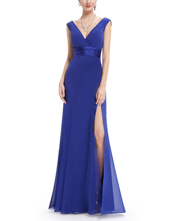 V-Neck Floor Length Chiffon Slit Evening Dresses