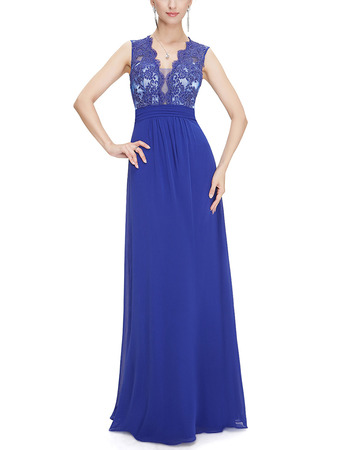 Discount V-Neck Floor Length Chiffon Tulle Applique Evening Dresses