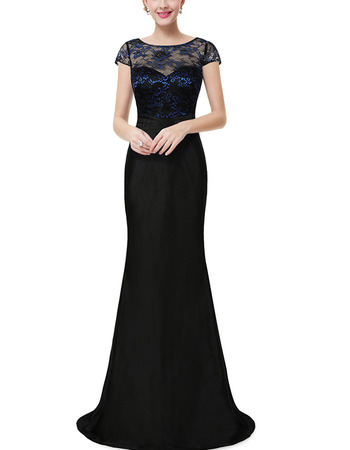 Sexy Floor Length Lace Chiffon Evening Dresses with Short Sleeves