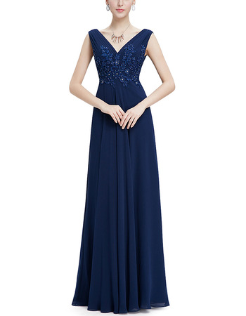 Formal V-Neck Sleeveless Floor Length Chiffon Evening Dresses