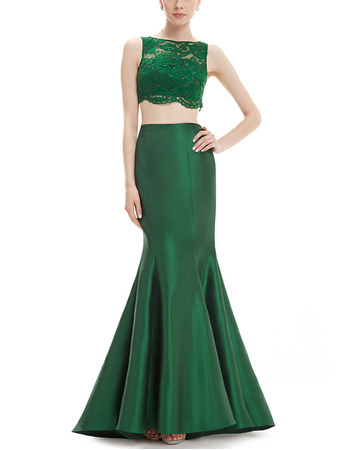 Sexy Sheath Floor Length Satin & Lace Two-Piece Evening Dresses