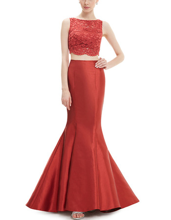 New Mermaid Sleeveless Satin Lace Two-Piece Evening Dresses