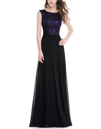 Inexpensive Sleeveless Floor Length Chiffon Lace Evening Dresses