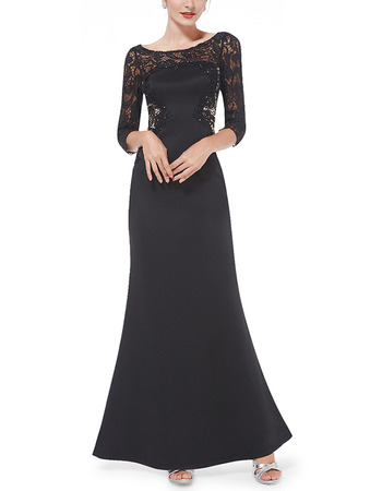 New Satin Lace Black Evening Dresses with 3/4 Long Sleeves