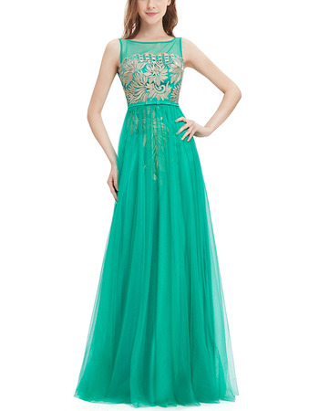 Custom A-Line Sleeveless Floor Length Tulle Embroidery Evening Dresses