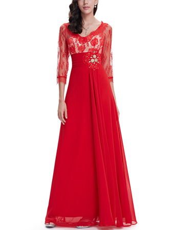 Inexpensive Long Lace Chiffon Evening Dresses with 3/4 Long Sleeves