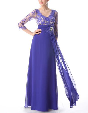 Formal Long Lace Chiffon Evening Dresses with 3/4 Long Sleeves